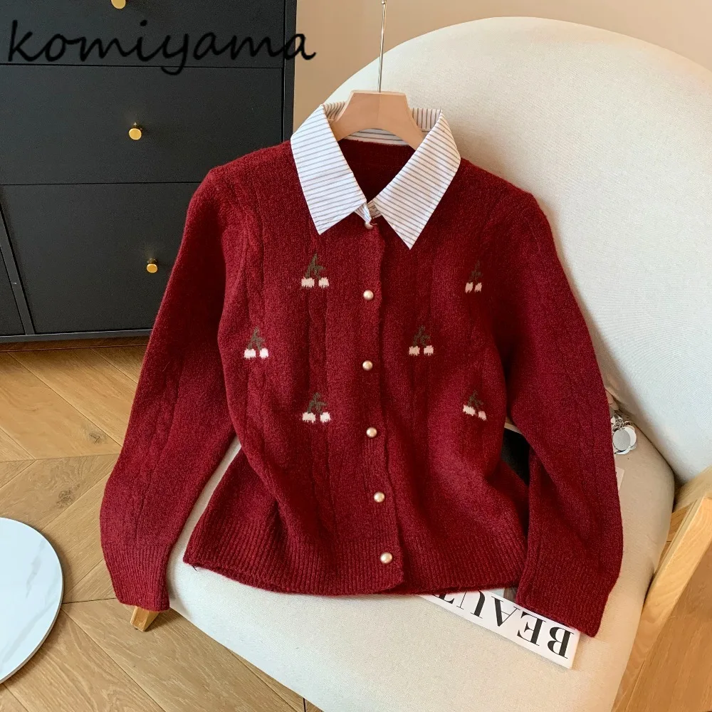 

Cherry Embroidery Woman 2025 Cardigan Fake Two Piece Ropa Mujer Preppy Stylesweater Korean Knit Pulls Femmes Winter Clothes