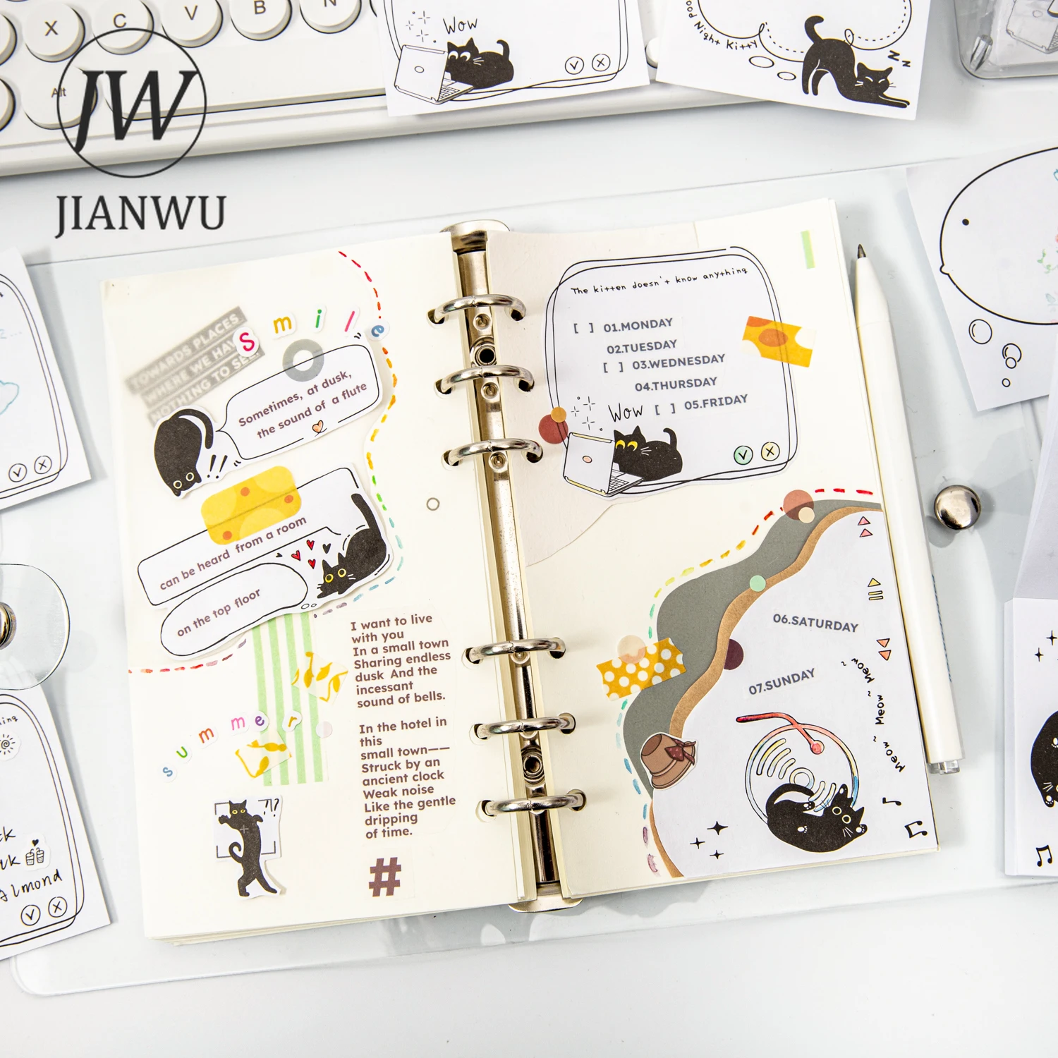 JIANWU 80 Sheets Can\'t Do Without The Little Black Cat Series Kawaii Material Collage Memo Pad Creative DIY Journal Stationery