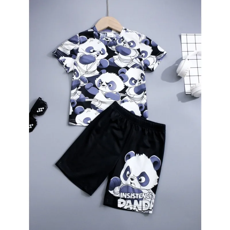 Boys Cute Pajama Sets, Slight Stretch Print Short TShirt & Shorts, Comfortable & Cute Style Pajamas for Boys Cozy Loungewear