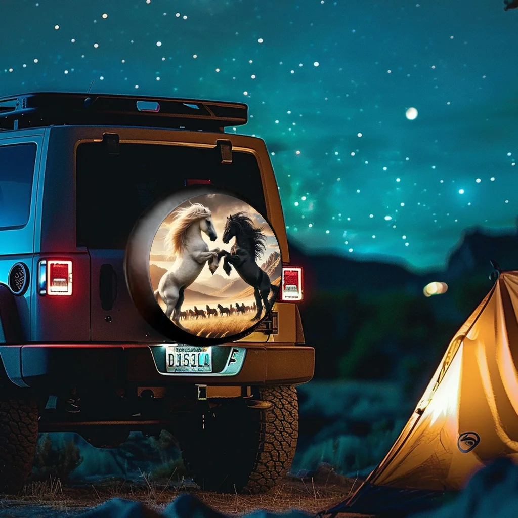Black Horses Spare Tire Cover Waterproof Sun Protection Fit for Trailers Off-Road Vehicle Camper Trucks Wheel Cover 14 Inches