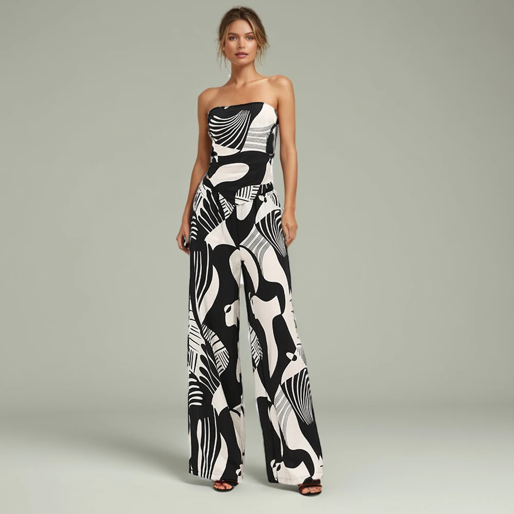 

Hit Color Two Piece Set For Women Strapless Sleeveless Top High Wait Temperament Pant Sets Female Fashion Style New