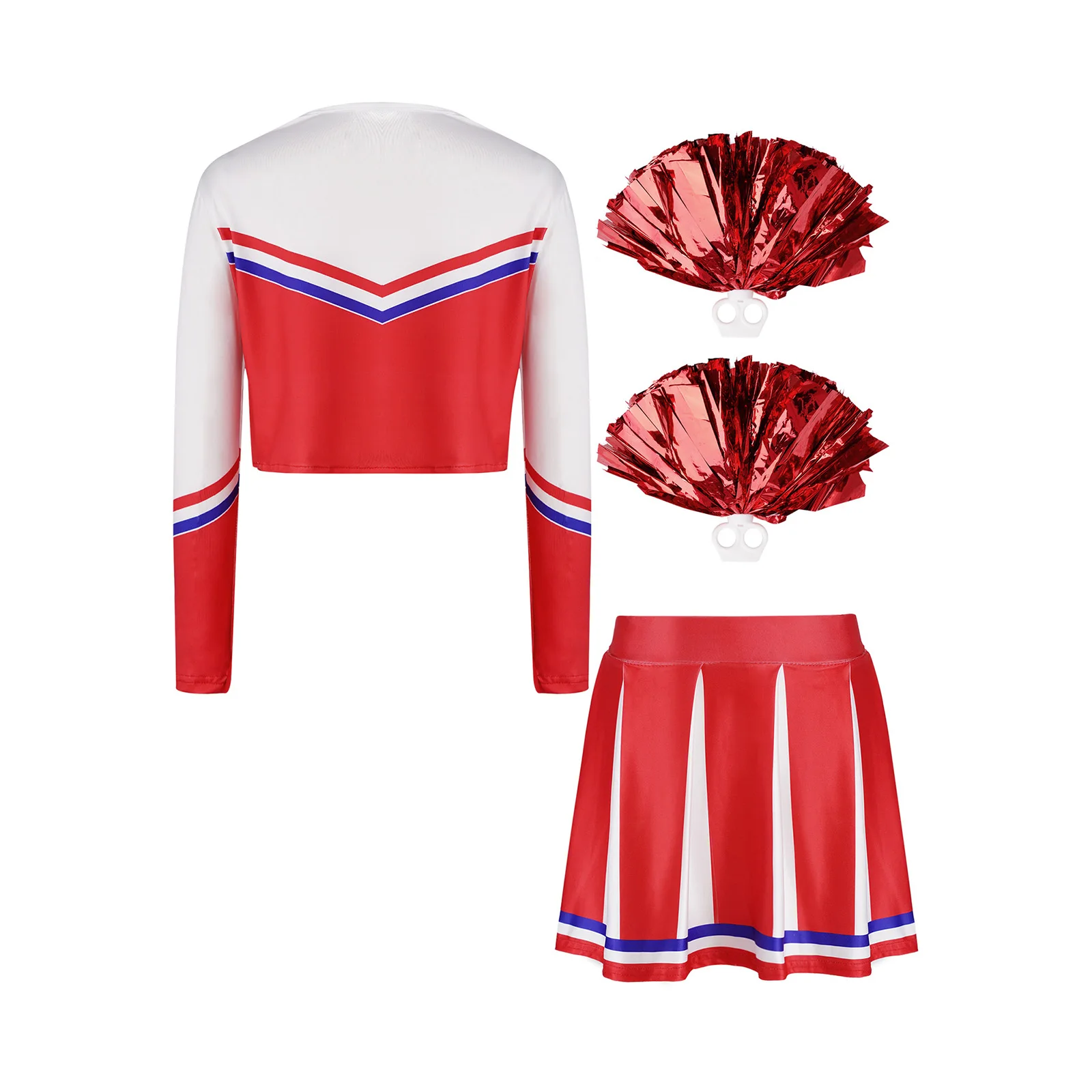 Kids Girls Cheerleading Outfit Cheerleader Costume Long Sleeve Asymmetrical Hem Letter Print Top with Skirt And 2pcs Pom-pom