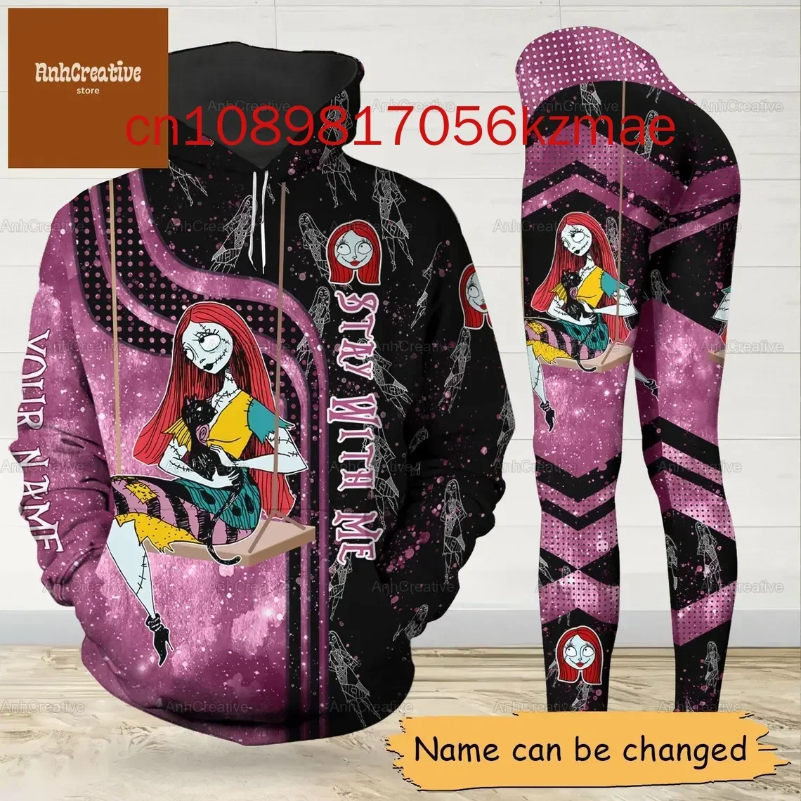 Disney Sally Hoodie und Leggings Damen Sportset Custom Nightmare Before Christmas Hoodie Yoga Hose Jogginghose Modesets