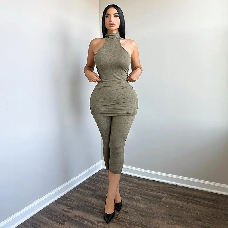 

Fitness Women 2 Piece Set Solid Mock Neck Sleeveless Top Skinny Pants Matching Set 2025 Summer New Streetwear Sexy Party Outfits