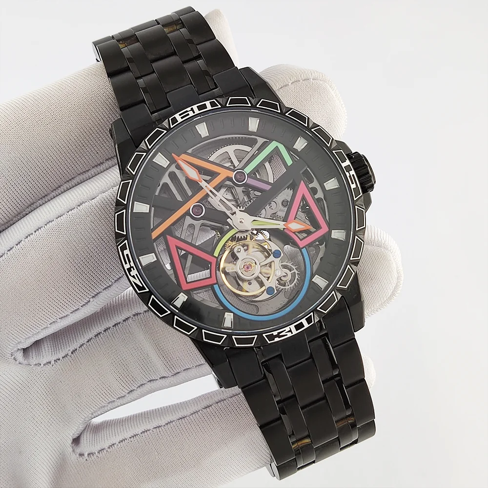 Orologio Tourbillon 42mm Vetro zaffiro Orologio meccanico automatico in acciaio inossidabile 904L Orologio da uomo di lusso Orologio OUMASHI