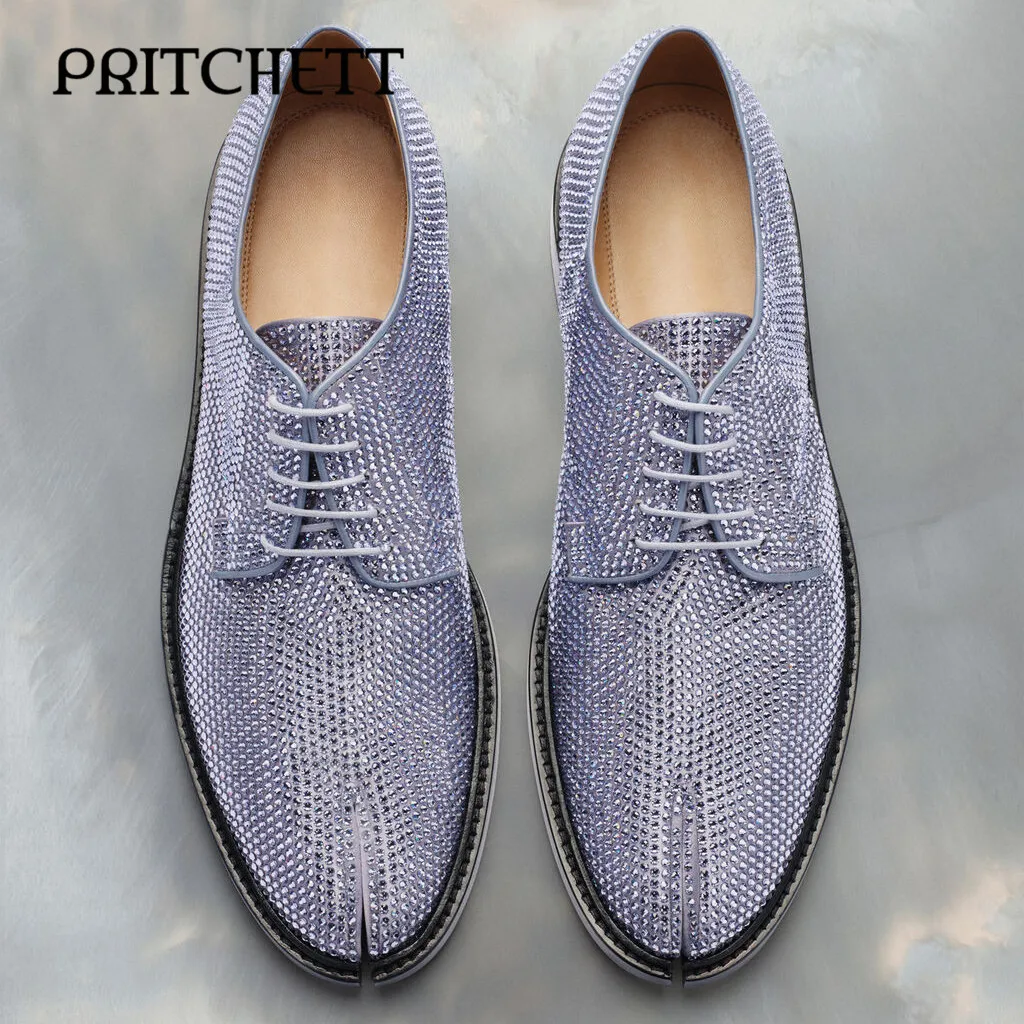 

Blue Full Diamond Luxury Split Toe Shoes Round Toe Slip On Straps Casual Leather Shoes Large Size Fashion Business Men's Shoes