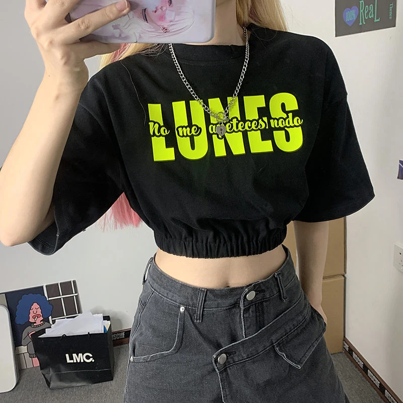 

2021 New Summer Harajuku Short Sleeve Letter Printed Women Cotton T Shirt Y2K Street Style Crop Top Sexy Fashion Top Tee O-Neck