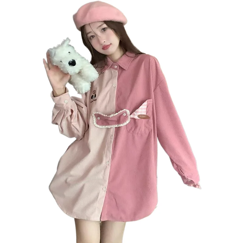 

Retro Embroidered Corduroy Shirt Women's Spring and Autumn New Style Color Contrasting Tie Shirt Loose Long Sleeve Top