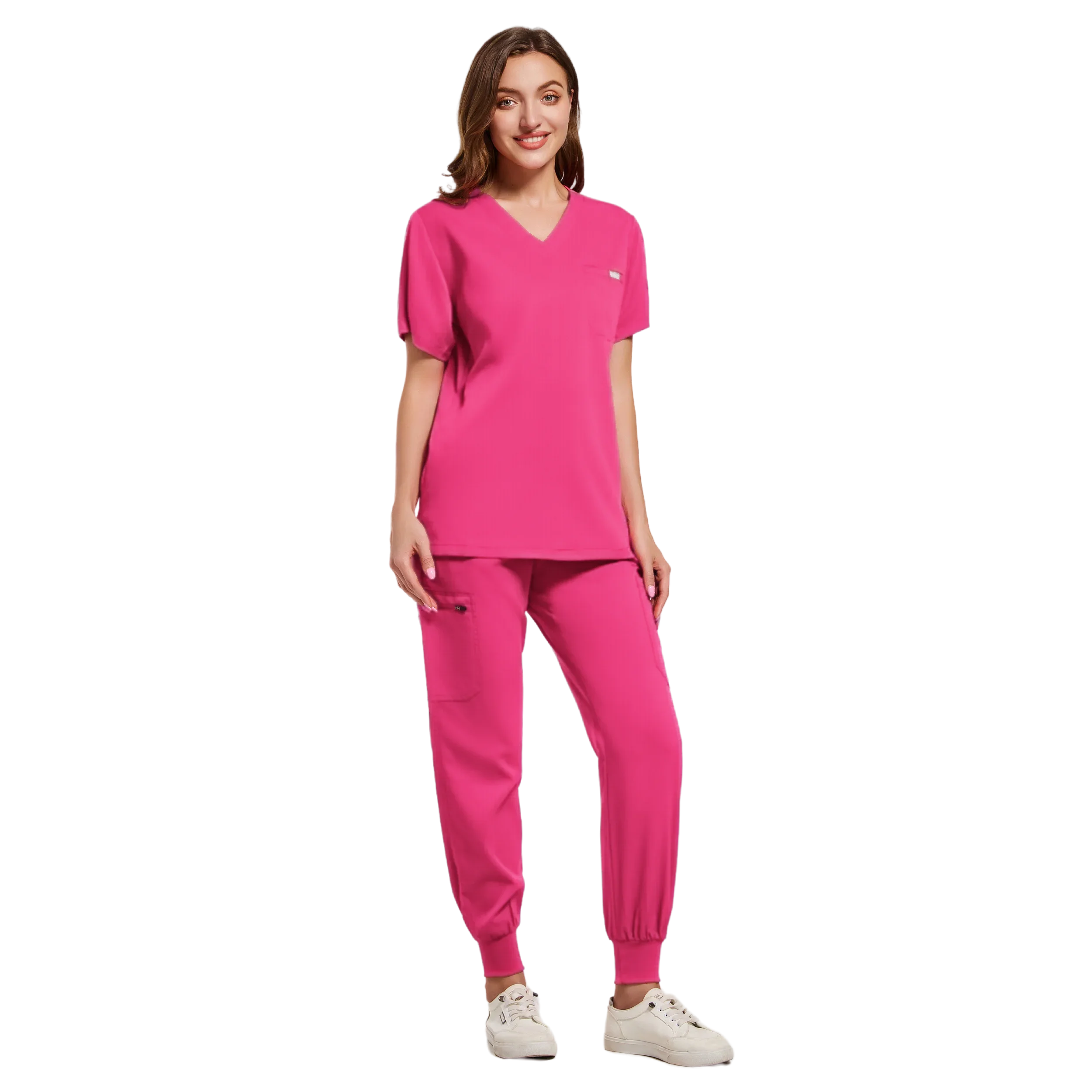 Conjunto Uniforme Esfrega Elástico feminino, Vestidos Cirúrgicos Hospitalares, Tops de Manga Curta, Terno de Calça Bocador, Roupas Médico, Acessórios Médicos