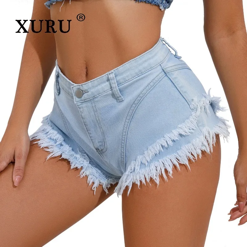 

XURU - New Women's Sexy Nightclub and Bar Jeans, Y2k Clothes High Waist Summer Tassel Denim Shorts, Men's Pants