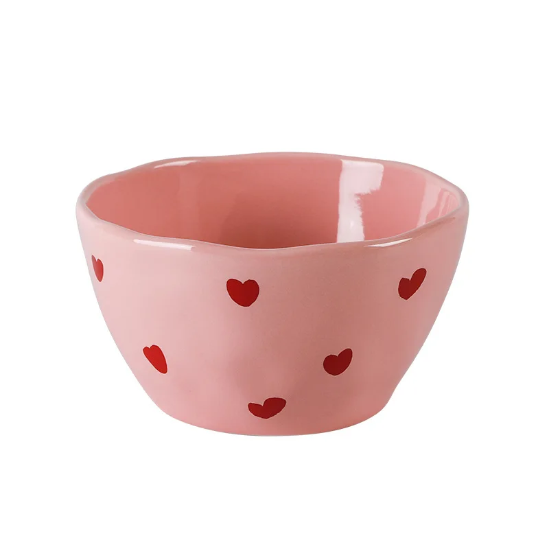 Original Hand Pinched Pattern Plate Ins Style Korean Rice Bowl Plate Pink Love Series Ceramic Tableware High Beauty for Home Use