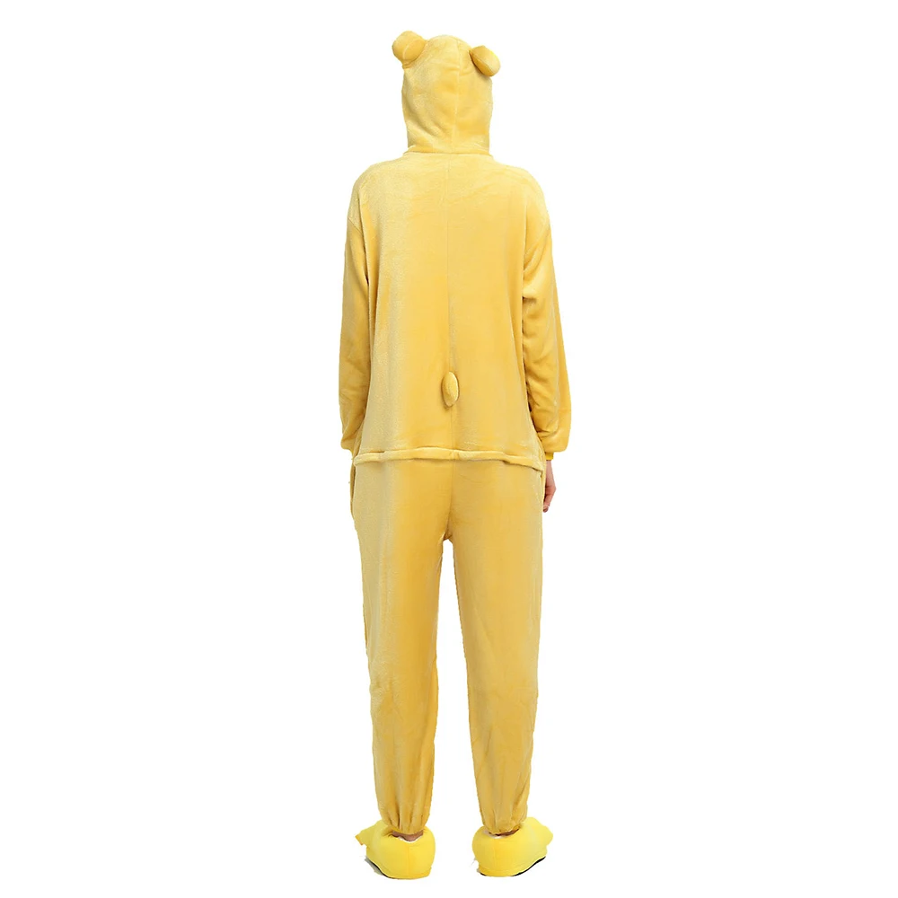 Cute Yellow Lazy Bear Hooded Flannel One-piece Hooded pajamas Button Onesie Couple Cosplay Sleepwear with Pockets