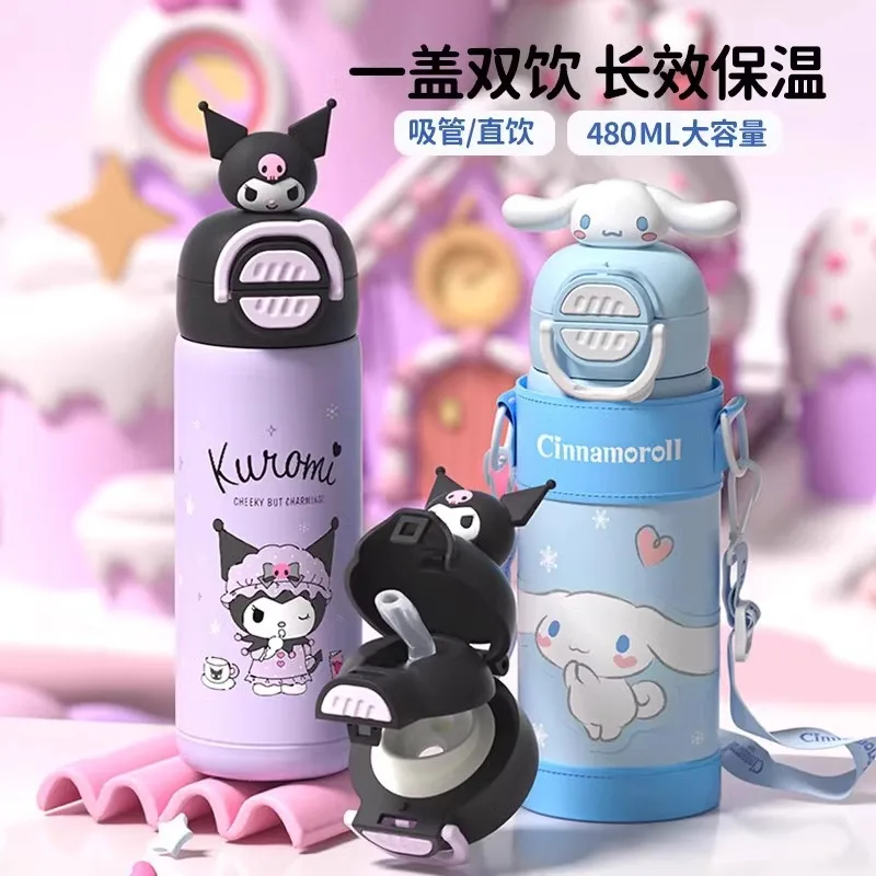 Sanrio Cinnamoroll Kuromi Cartoon 316 stainless steel straw cup Straight drinking cup with cup cover Flasks Cold and Hot Bottle