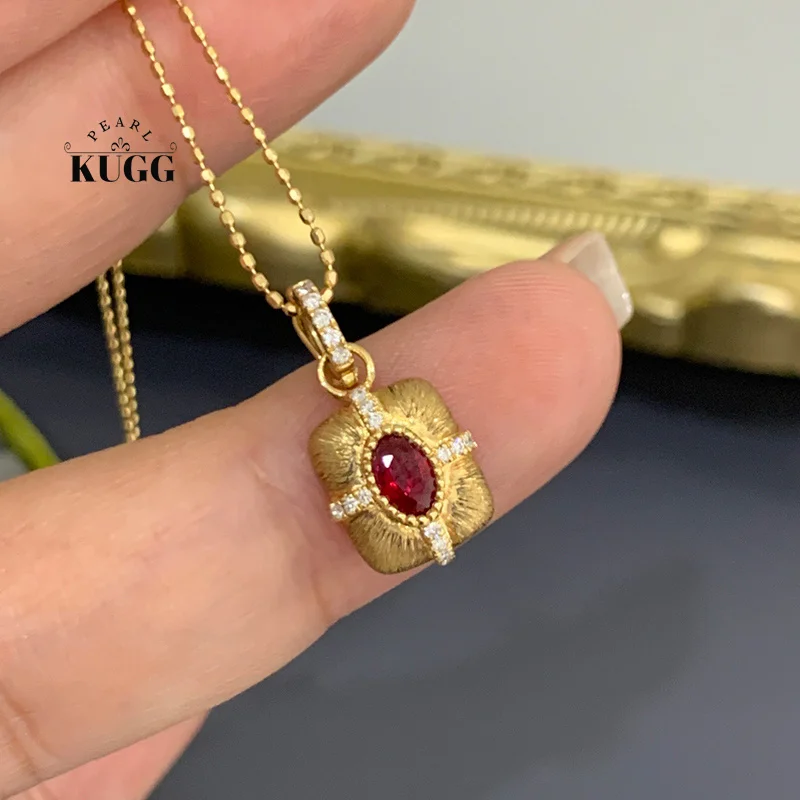 

KUGG 100% 18-каратное желтое золото, подвеска для женщин, винтажный дворцовый стиль, с блестящими бриллиантами и натуральным рубином, ювелирное украшение с драгоценными камнями