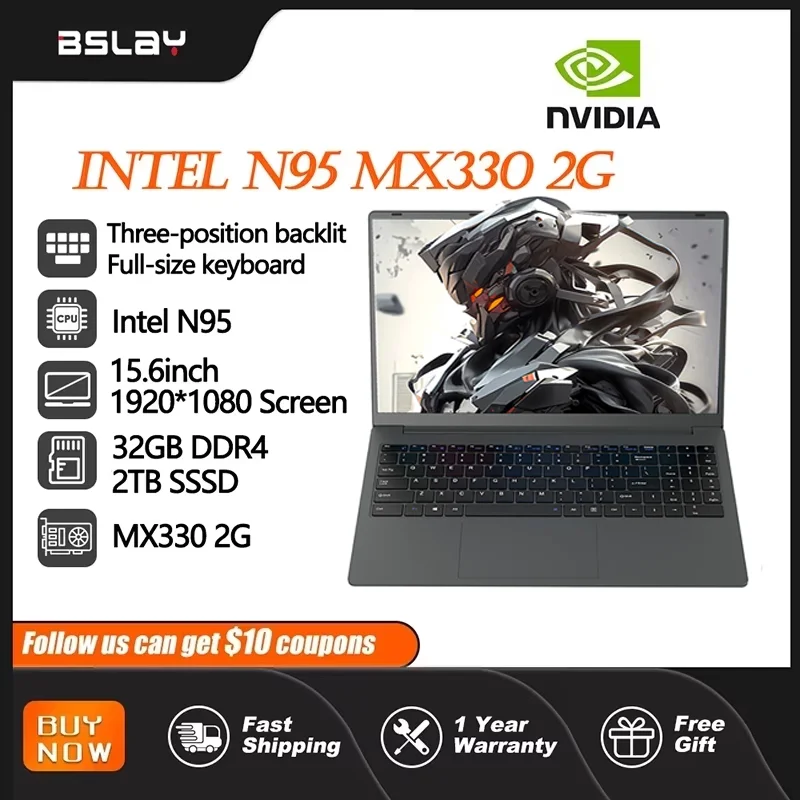 Игровой ноутбук 15,6 дюйма Intel N95 NVIDIA Mx330 2G 32 ГБ ОЗУ 2 ТБ SSD Разблокировка отпечатков пальцев HD Камера HDMI DDR4 Win11 Портативный ноутбук