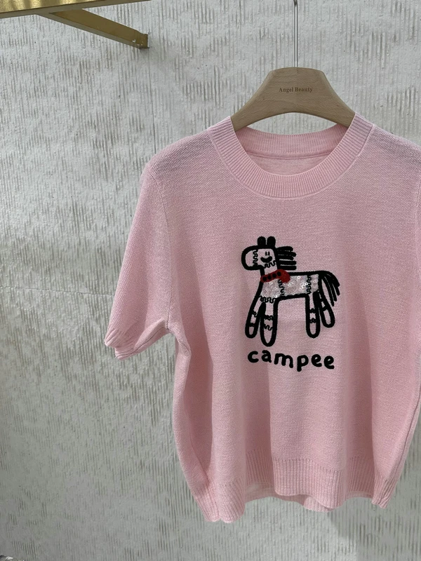 

Модный вязаный топ с короткими рукавами и круглым вырезом, украшенный пайетками, женский топ для весны и лета, универсальный, стройнящий, омолаживающий, для женщин.