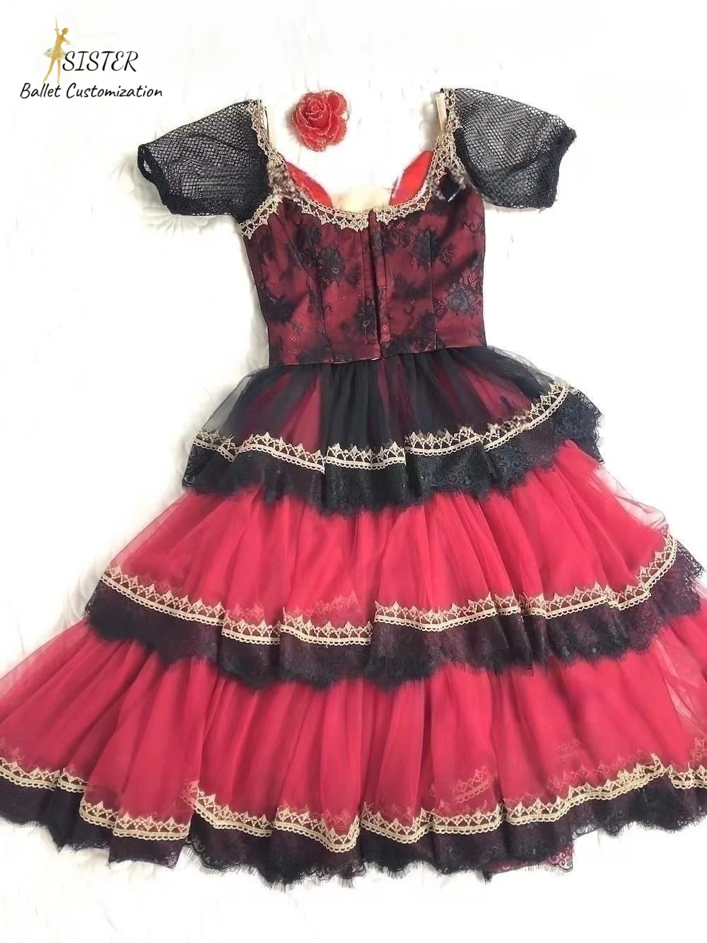 New Don Quixote tutu Don Quixote Variations Competition dress tailored red and black diamond set large swing long gauze dress