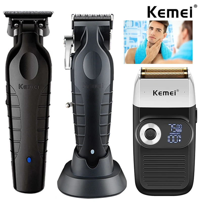 

Kemei Men Barber Hair Clippers and Trimmer Kit 0mm Cordless Fading Hair Cutting Machine Combo Electric Shaver for Men Razor