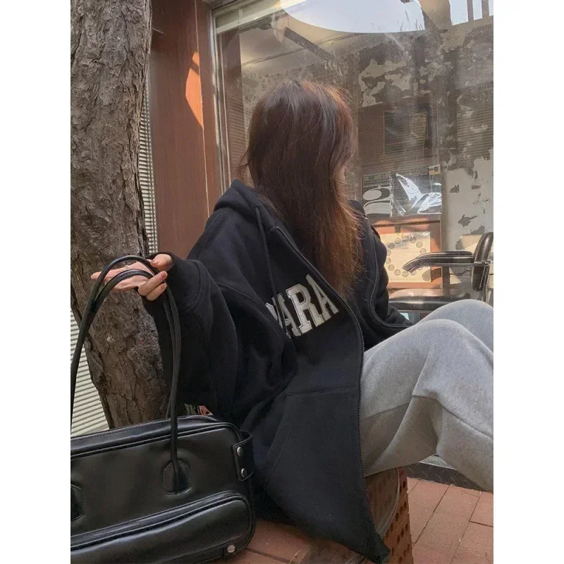 Hip Hop Zip Up Hoodies Women Harajuku Vintage Oversized Sweatshirts Loose Casual All-match Letter Print Y2k Tops Korean Fashion