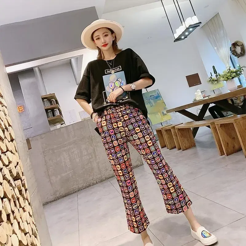 The New Style Fashionable Check Color Pattern Women's Cropped Flared Trousers,Thin Stretch Wide-leg Slacks Fall  Women Clothing