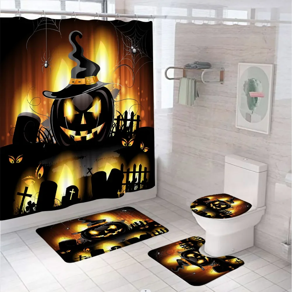 4Pcs Halloween Cartoon Pumpkin Shower Curtain Sets Wizard Hat Cat Skeleton Ghost Bat Bathroom Screen Toilet Rug Carpet Bath Mats