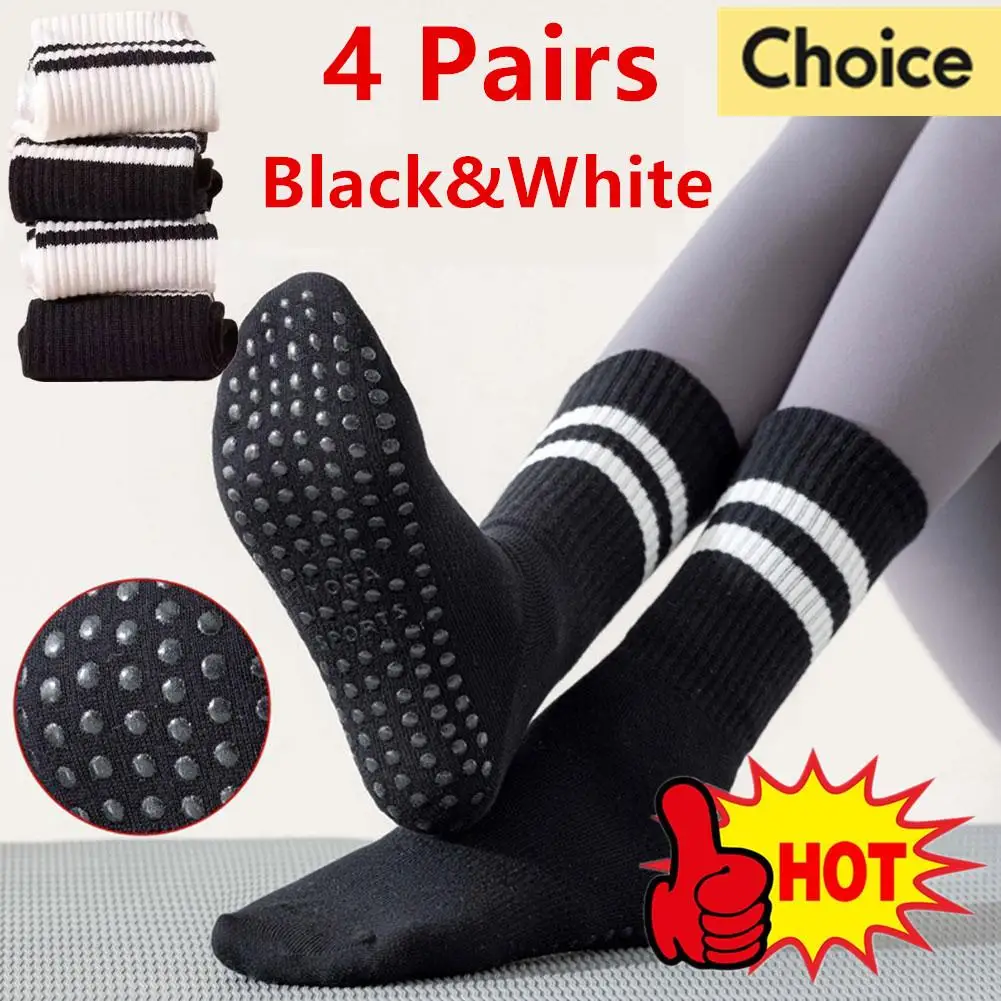 

4 Pairs Sports Socks Cotton Mid-tube Bottom Professional Non-slip Silicone Indoor Fitness Socks Gym Dance Pilates Yoga Socks