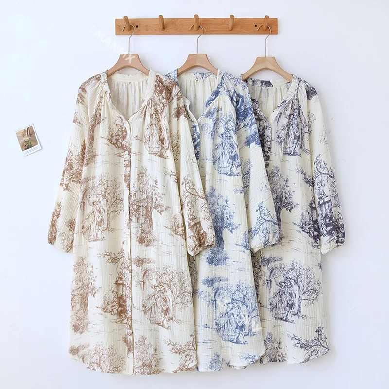 Long Sleeve Cotton Secret Garden Printing V-neck Sleeping Dress for Women Sleepwear Breathable Mid Length Sleeping Nightgowns