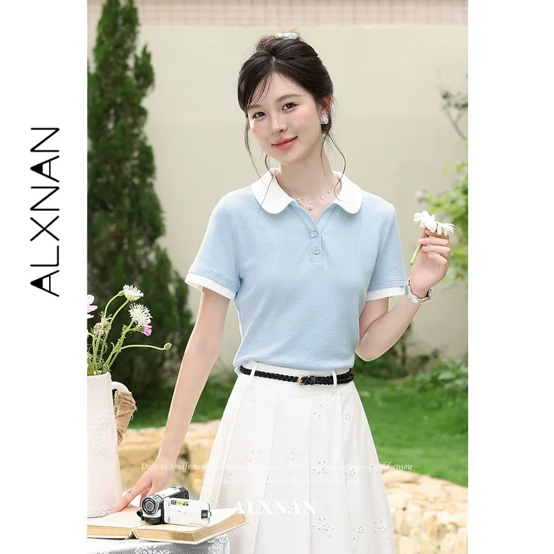 

ALXNAN Blue T-shirt Color-block Lapel Mock Two-piece Casual Polo Shirt Women 2026 Summer Casual Short Sleeve Tees Ladies L65582