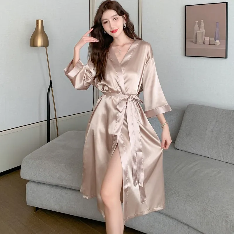 Satin Kimono Robe Long Sleeve Casual Home Clothing Intimate Lingerie Women Champagne Sleepwear Bathrobe Gown Nightwear