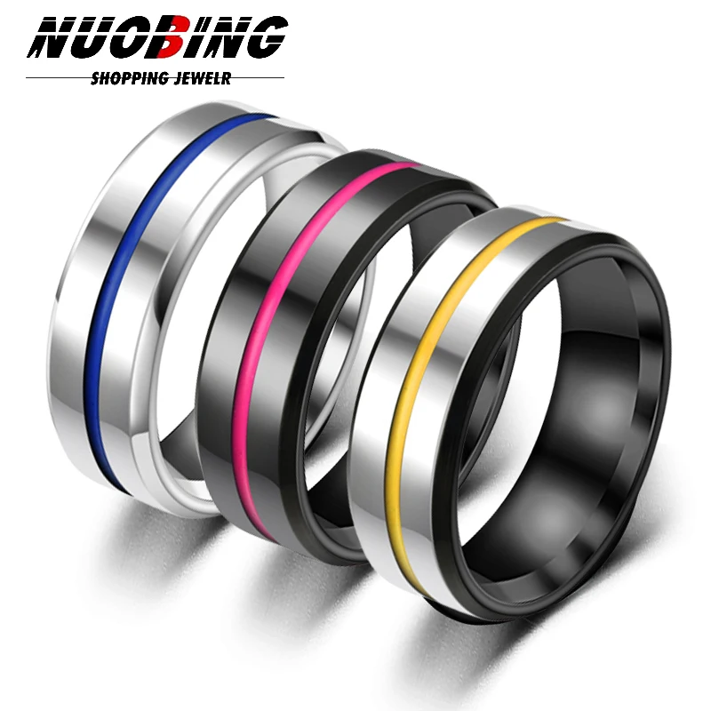 

Black Ring for Men Women Groove Beveled Edge Rainbow Stainless Steel Wedding Bands Trendy Fraternal Rings Casual Male Jewelry