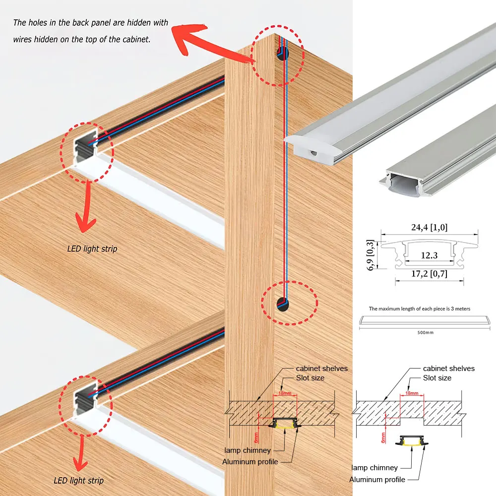 17x7mm 2 szt. 0.5m z wbudowanym profilem taśma aluminiowa LED do szafek szafy szafki na wino regały