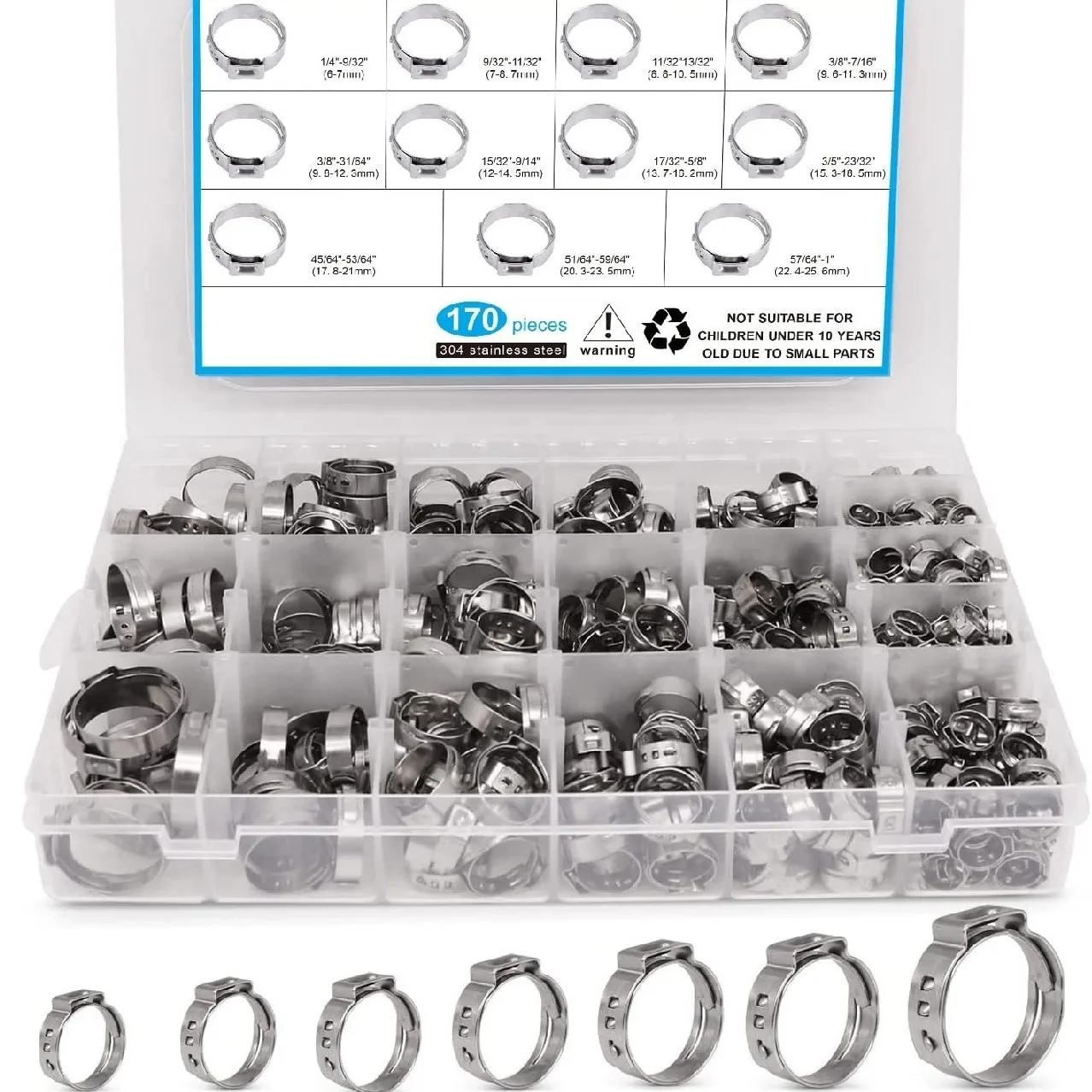 170Pcs Single Ear Hose Clamp Set with 11 Sizes Constant Tension Ring Clamp for Professional Plumbing And Piping