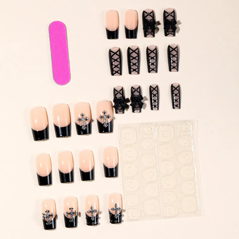 Hot Sale Nail Polish Medium Rectangular Black French Border Cross Steel Ball and Bow Decoration Detachable Fake Nails