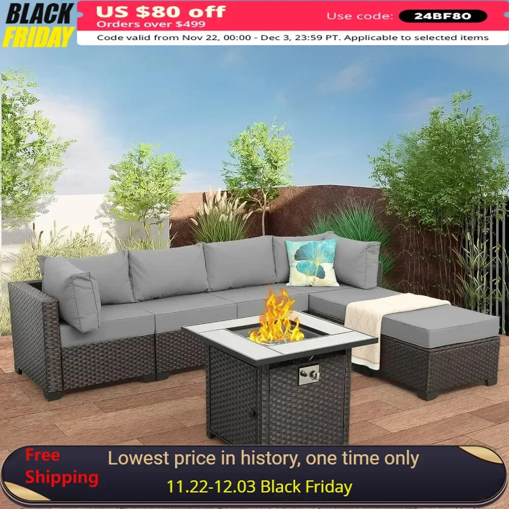 Outdoor Patio Furniture Set 7 Pieces Sectional Sofa with Fire Pit Table, Non-Slip 5