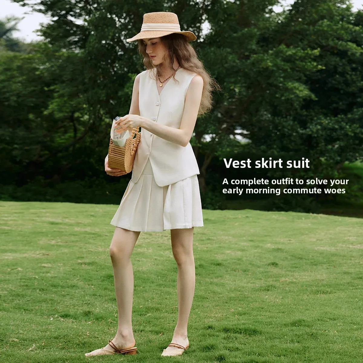 OLrain Commuter Knit Women’s Matching Set V-Neck Back Tie Waist Vest Pleated Mini Skirt Summer Versatile 2 Piece O58XE005663