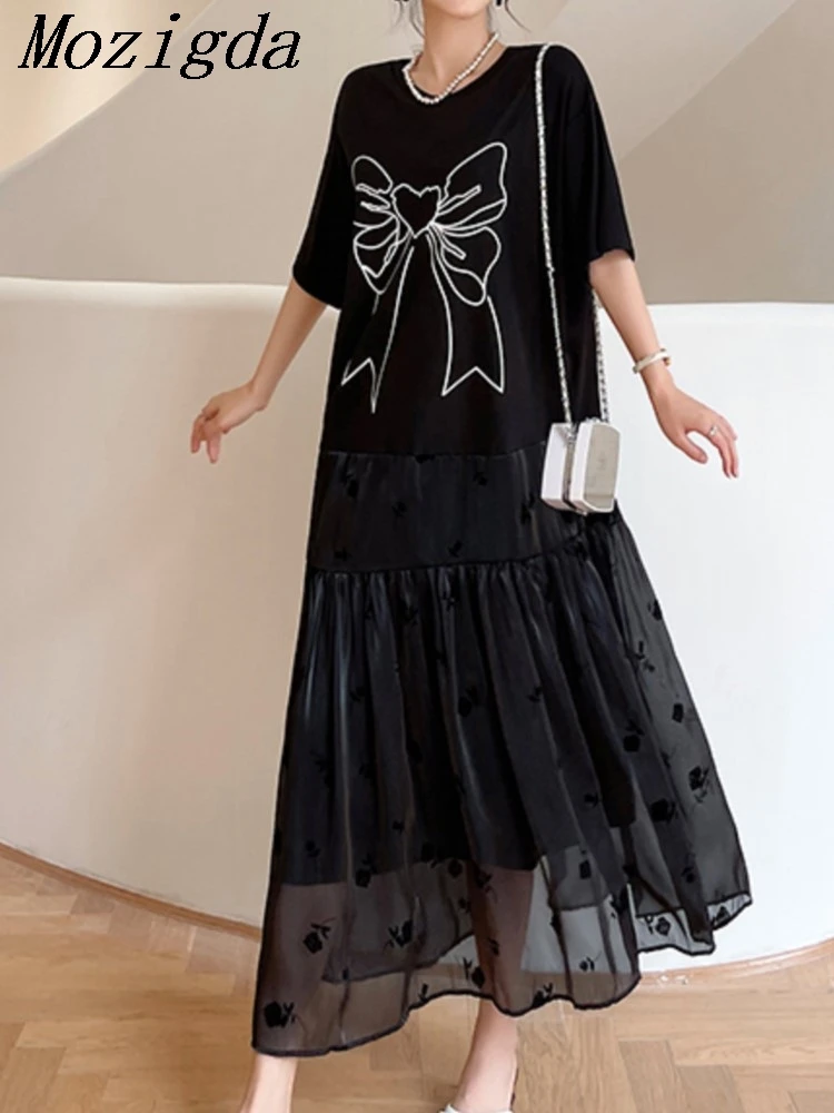Plus Size Summer Mesh Pleated Dress Women Patchwork Elegant Loose Korean Long Woman Dress Ladies Dresses Vestidos