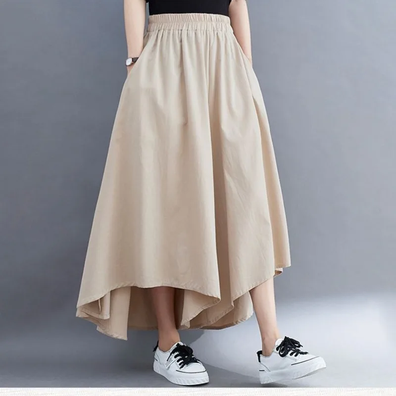 Korean Minimalist Solid Color Summer Women's Elastic Waist Pockets Cross pants Fashion Casual Loose Wide Leg Ankle Length Pants