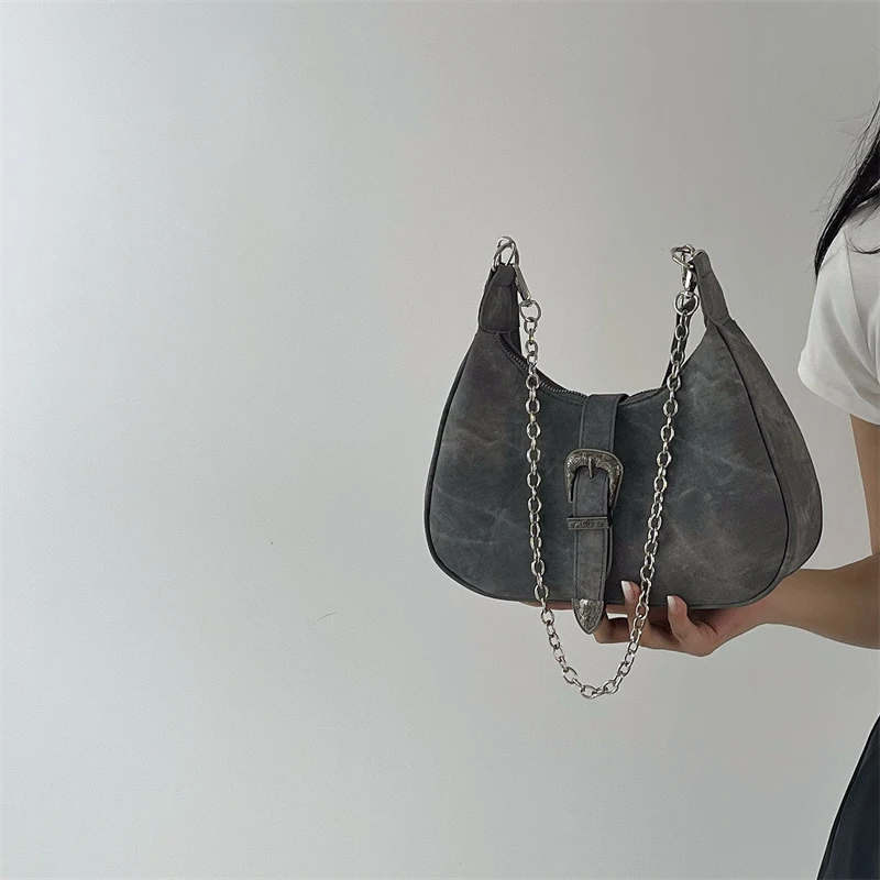 Vintage Gray Underarm Bags for Women Fashion Cool Girls All-match Chain Single Shoulder Bag High Quality Female Totes