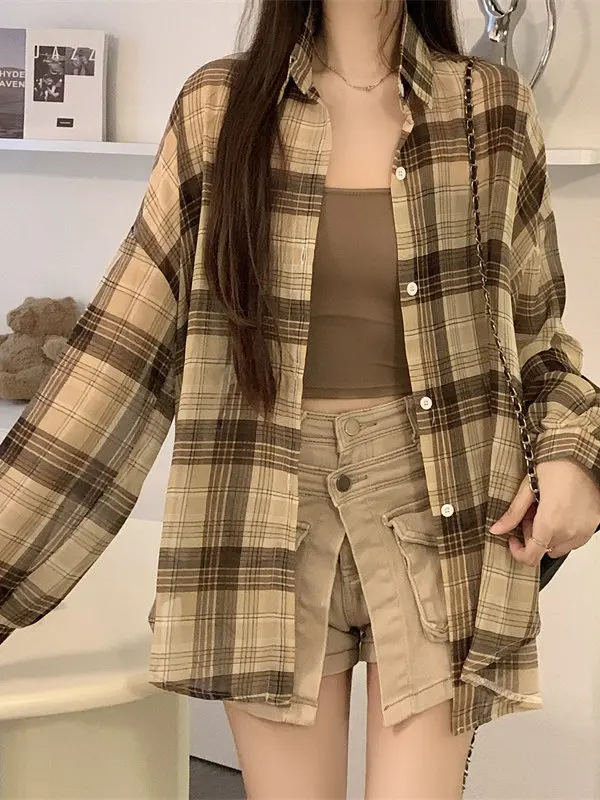 

Рубашка в клетку свободного кроя для ранней весны, женский кардиган средней длины, универсальный стиль, дышащий, легкий, с длинными рукавами