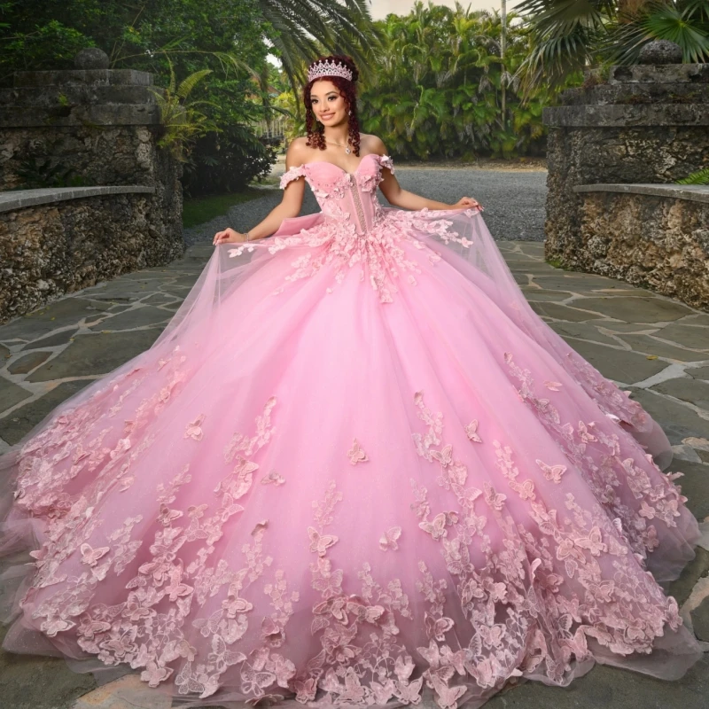 

Pink Princess Off the Shoulder Sweet 16 Dress Quinceanera Dresses Beads Bow Tull Corset Party Birthday Vestidos 15 De Anos