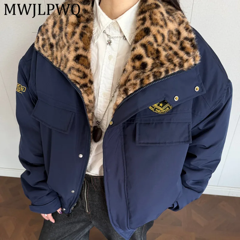 

MWJLPWQ Men's Winter Leopard Print Casual Coat High Street Fur Collar Fleece American Workwear Long Sleeve Cotton Jacket 13208
