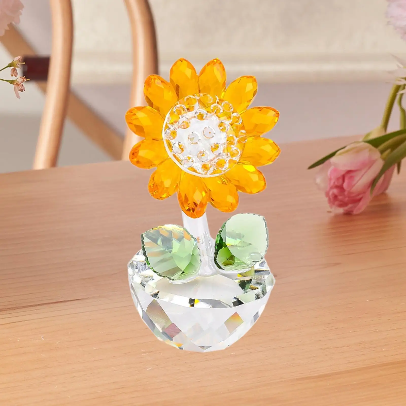 Glass Sunflower Figurine Glass Bouquet Flower Centerpieces Glass Flower Ornament Statue for Wedding Valentine's Day Desktop