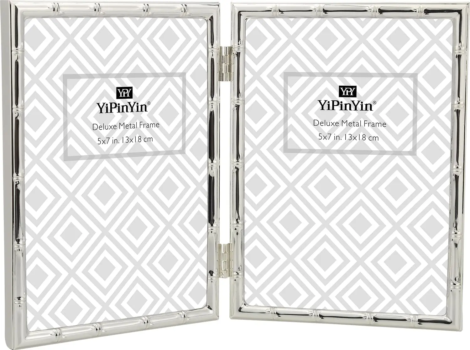 

5X7'' Bamboo Detail Double P Frames, Silver Double Metal Picture Frame 7X5'', Elegant Thin Edge P Frames 5X7'' With Soft Velvet