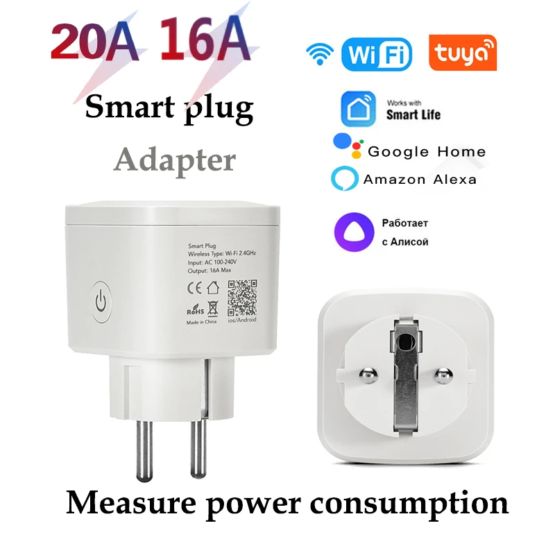 Enchufe inteligente Tuya Wifi EU FR 20A, toma de corriente, toma de corriente, medir el consumo de energía, Alexa, Google Home, Smart Life, electrodoméstico
