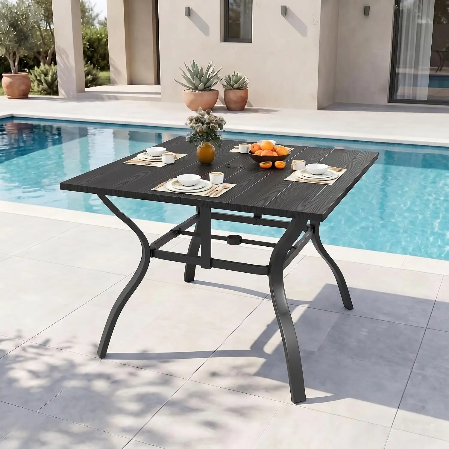 37.8'' Outdoor Dining Table for 4, Black Metal Patio Dining Table with 1.97'' Umbrella Hole,Anti-Rust Waterproof, Customized