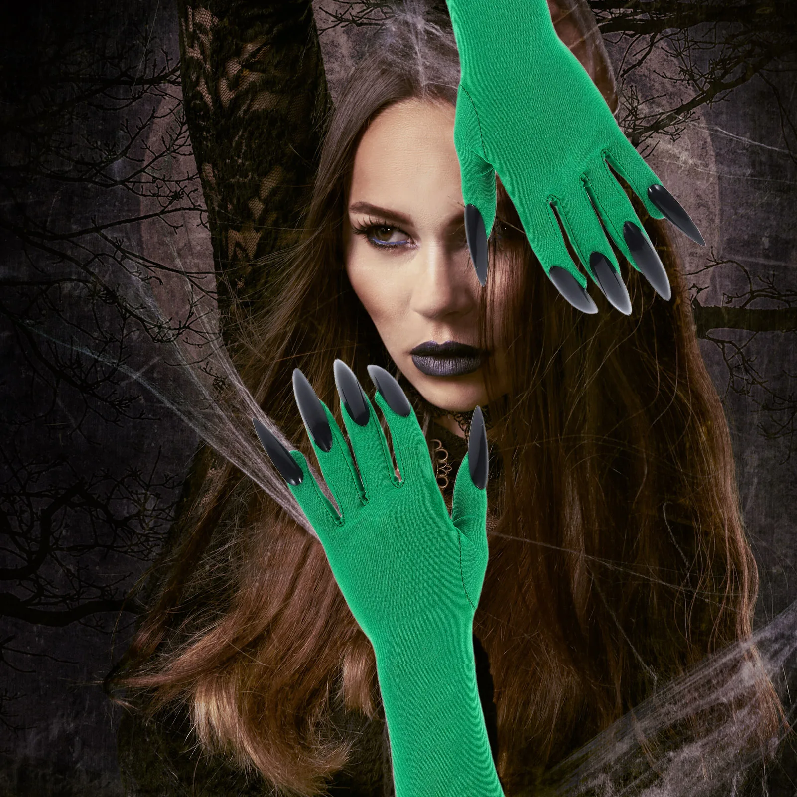 1 Pair Claw Gloves Green Long Finger Nails Scary Halloween Costume Accessories Women Elastic Soft Material For Cosplay Party