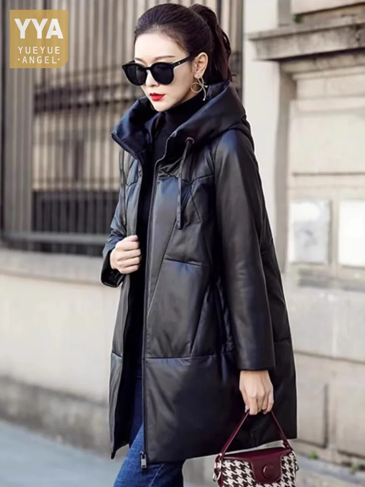 Women Genuine Leather Jacket Winter New Hooded Down Coat Loose Fit Zip Casual Sheepskin Windbreakers Overcoat 5XL 6XL 7XL 8XL