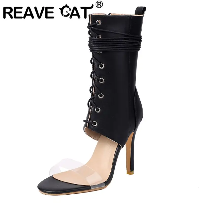 

REAVE CAT 2025 Новый дизайн Сексуальные женские сандалии с открытым носком на шпильке 10,5 см на молнии на шнуровке Большие размеры 47 48 Модная летняя обувь для вечеринок