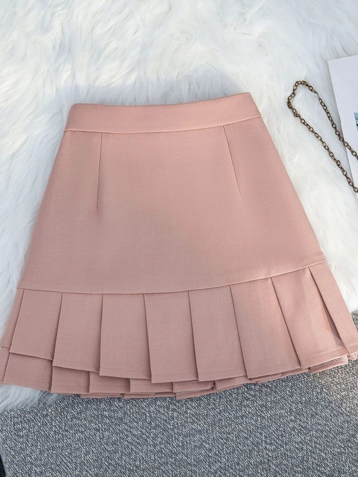 Pink Pleated  Skirt High Waist Slimming Women's Autumn Winter A-Line ort Skirt Commute Simple Sle Polyester Fiber