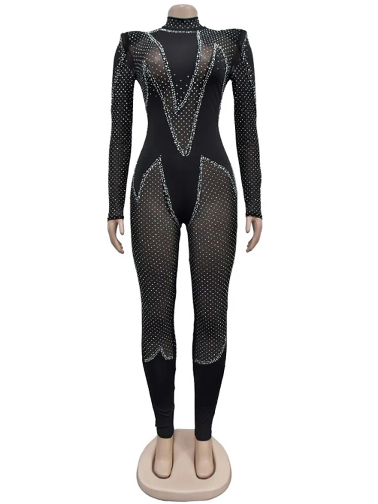 Kricesseen Sparkle Long Sleeve Black Rhinestones Mesh Skinny Crystal Jumpsuits Glam Hollow Out Fitted Diamonds Rompers Clubwear